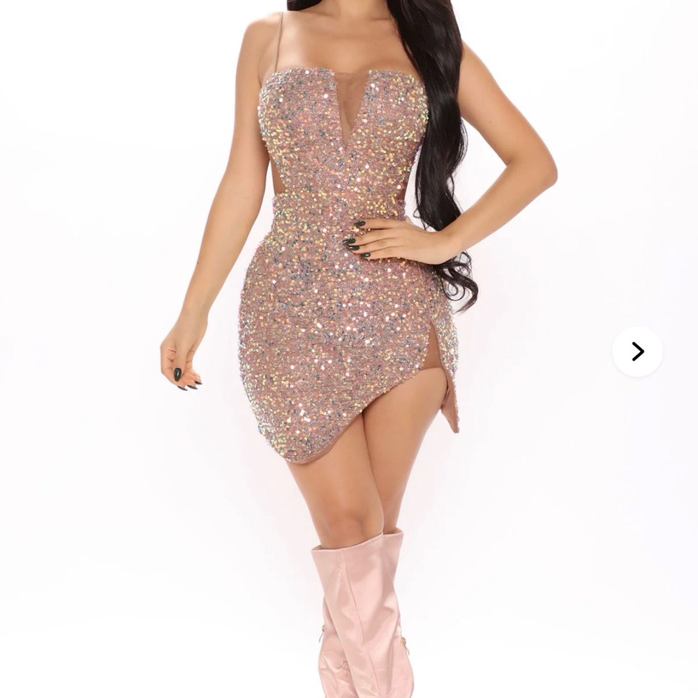 Fashion Nova Glittering Strapless Mini Dress - mocha
